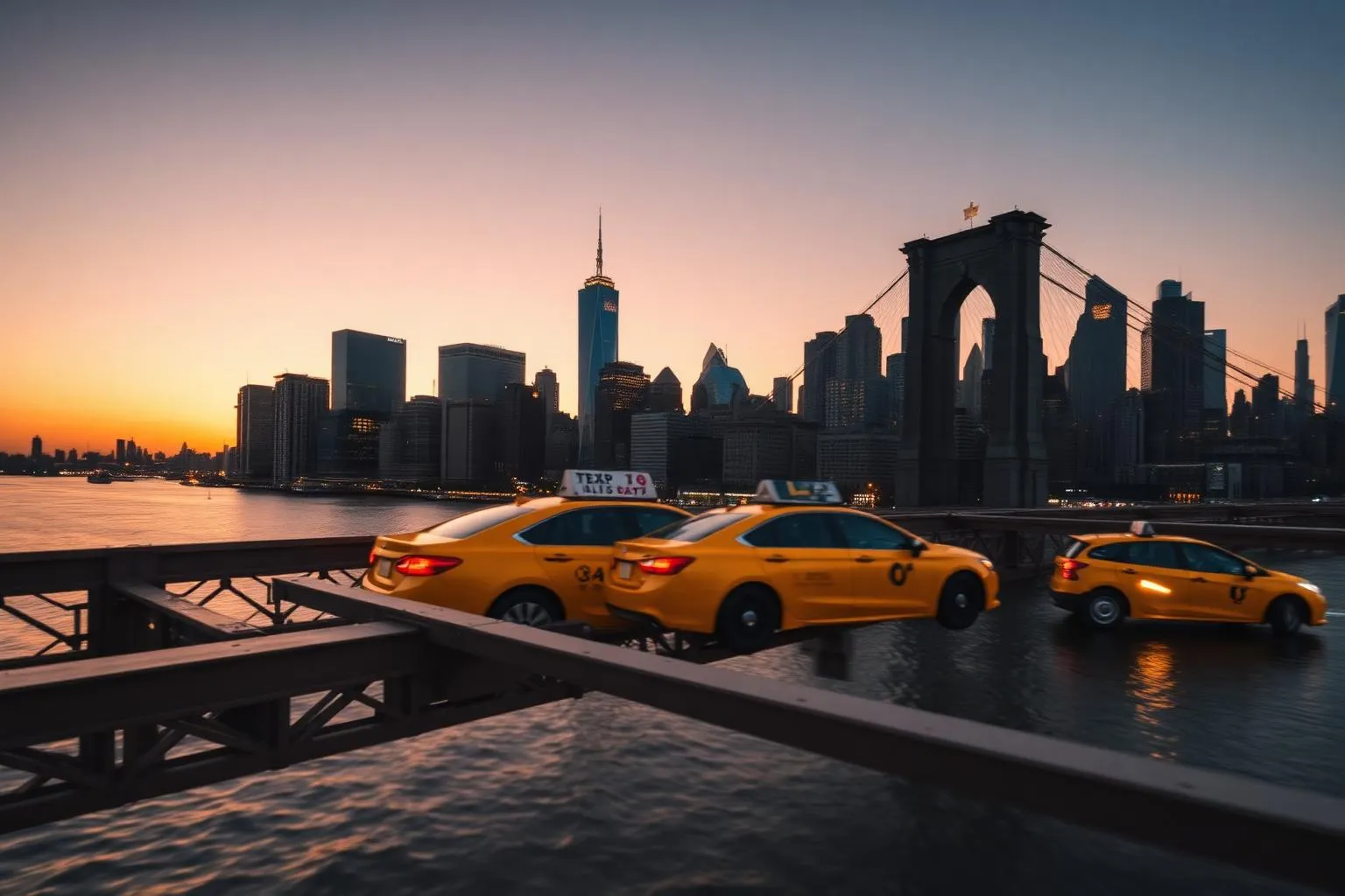 Manhattan skyline at dusk with yellow taxis