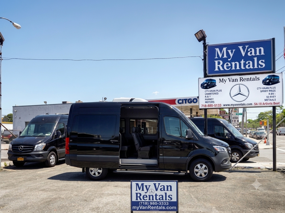My Van Rentals fleet of black Mercedes Sprinter passenger vans parked at our rental lot